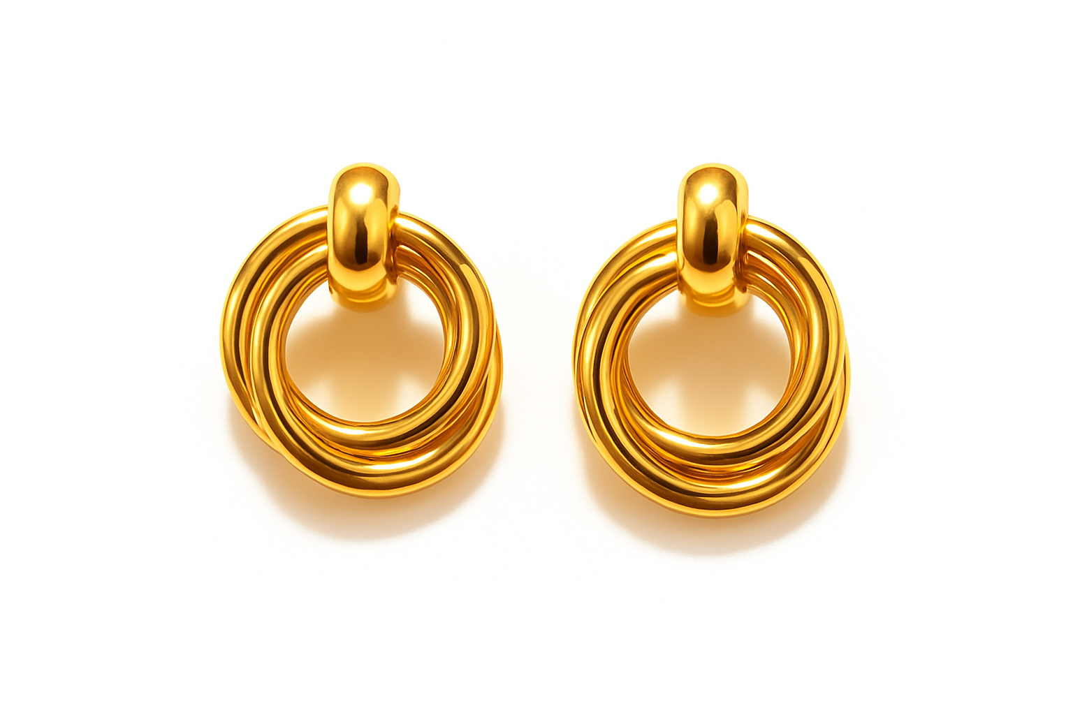 Bright Gold DOUBLE LOOP EARRINGS LUVERS on white background