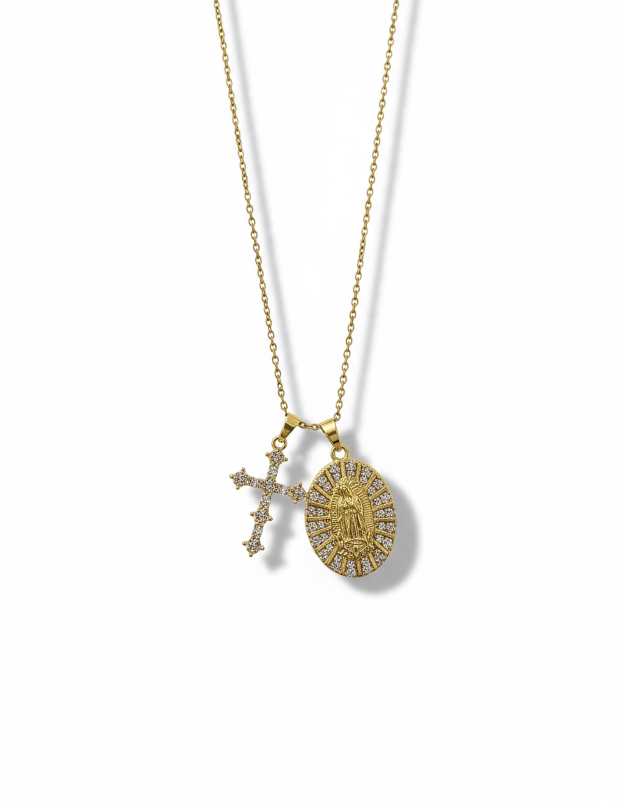 Gold necklace with cross and medallion pendants - studio backdrop