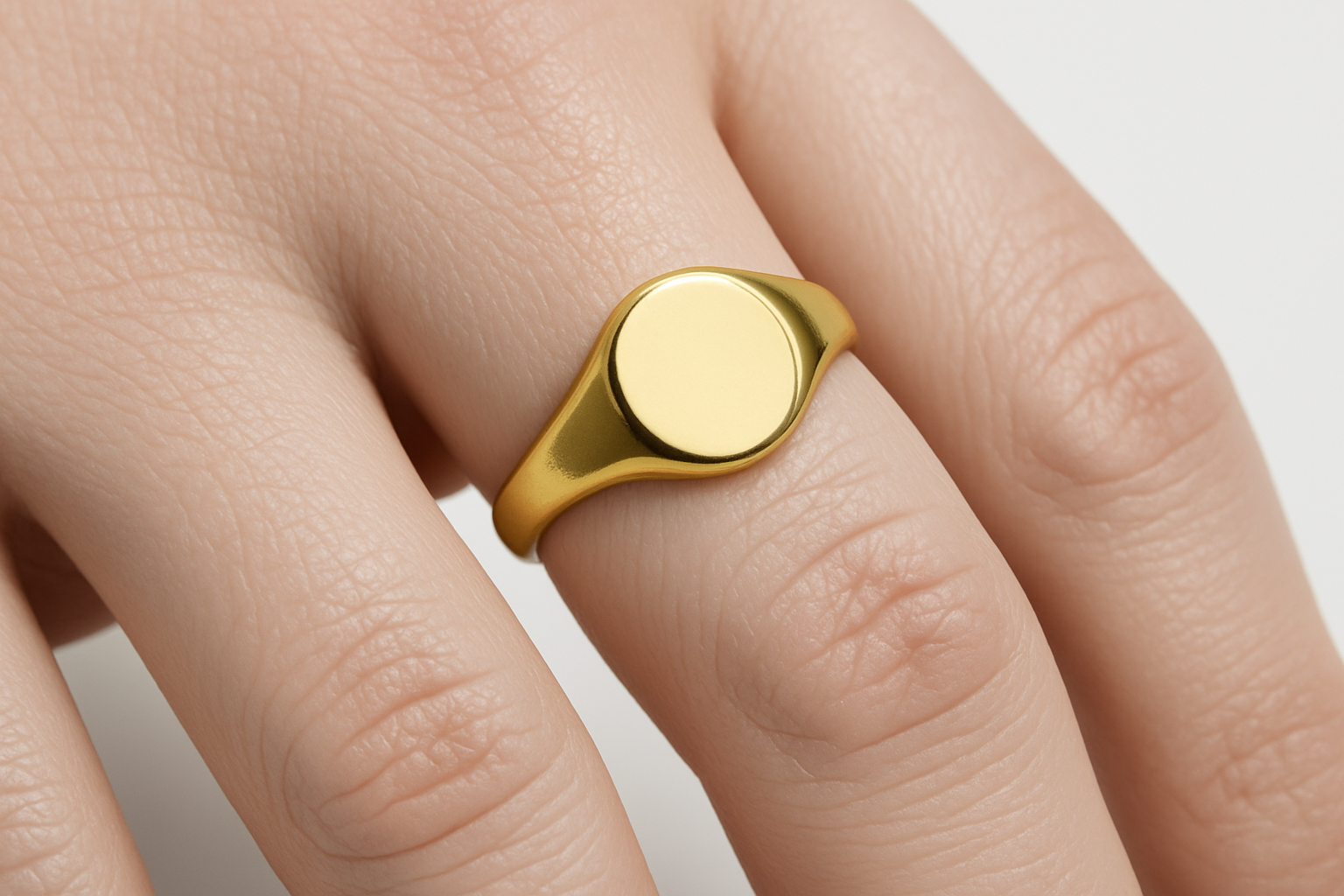 Mila Ring on Pinky Finger - Realistic Skin Texture, White Background