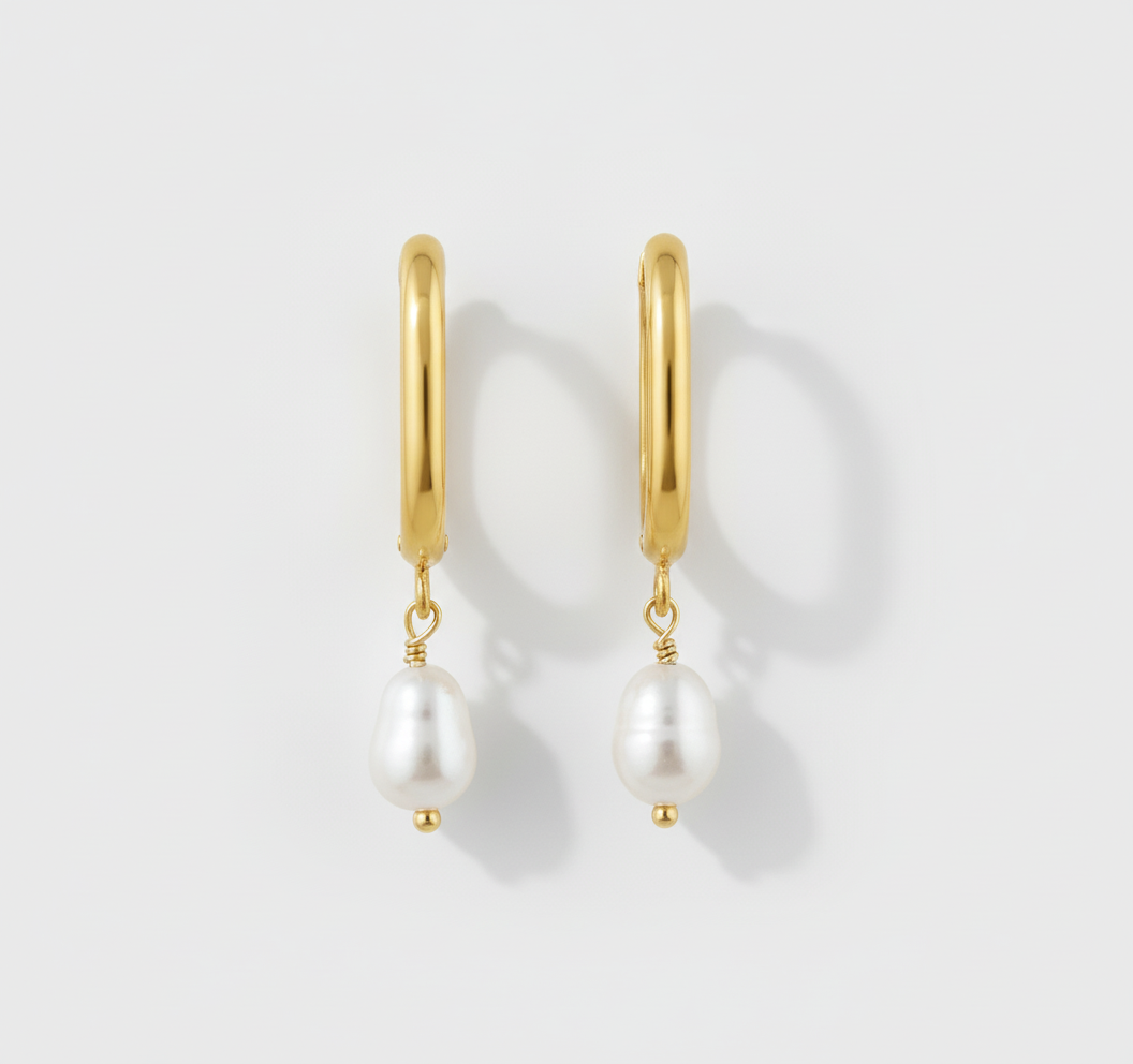 RILEY PEARL HOOPS - GOLD Studio Flatlay