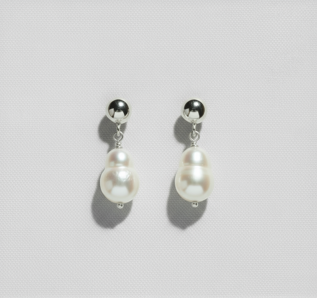 Silver Pearl Drop Earrings Studio Flatlay